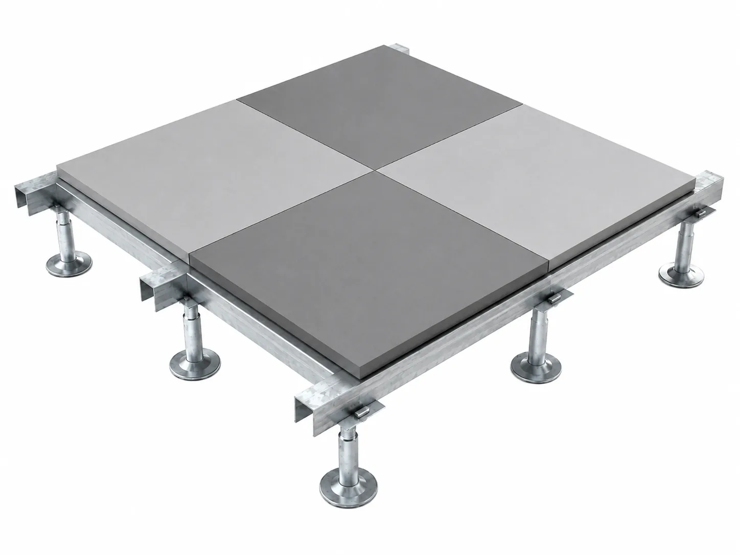 Technische schets van een systeemvloer constructie met stalen profielen, stelpoten en vloerpanelen in 600x600 mm raster