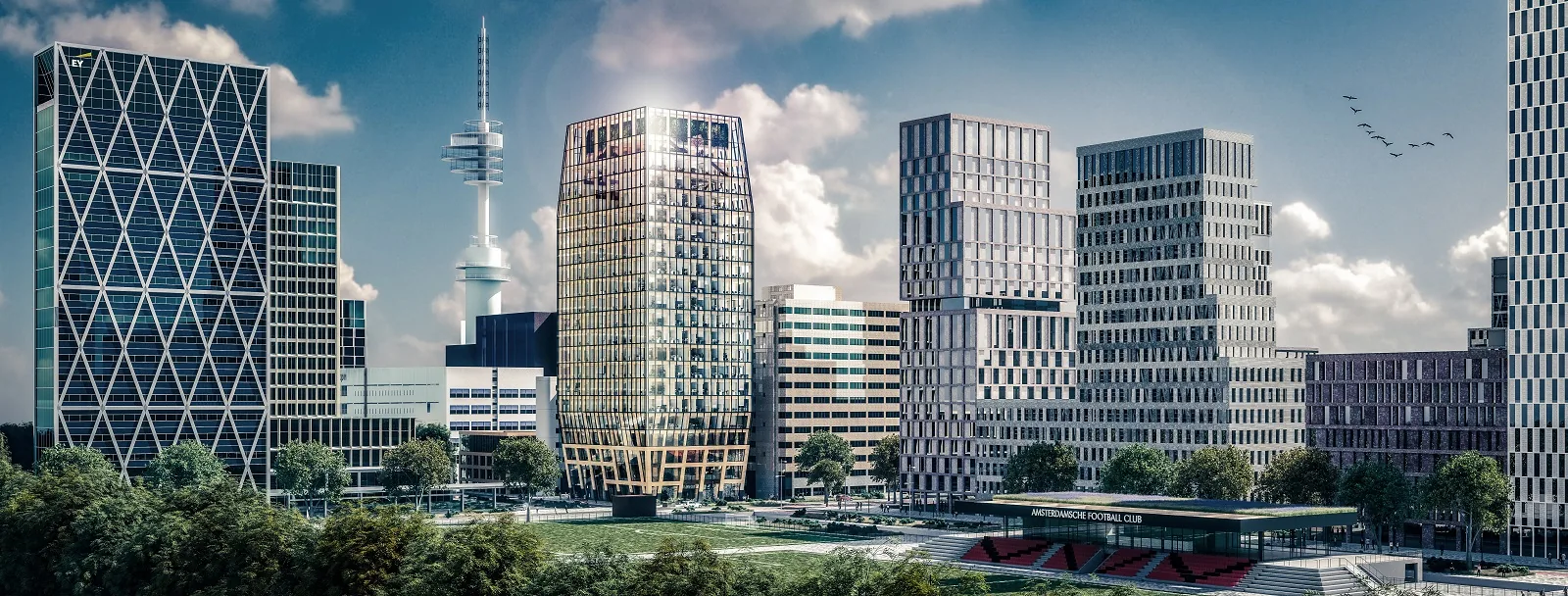Zuidas Amsterdam skyline — Anomalie System Floors levert verhoogde vloeren in kantoorgebouwen en datacenters in de regio