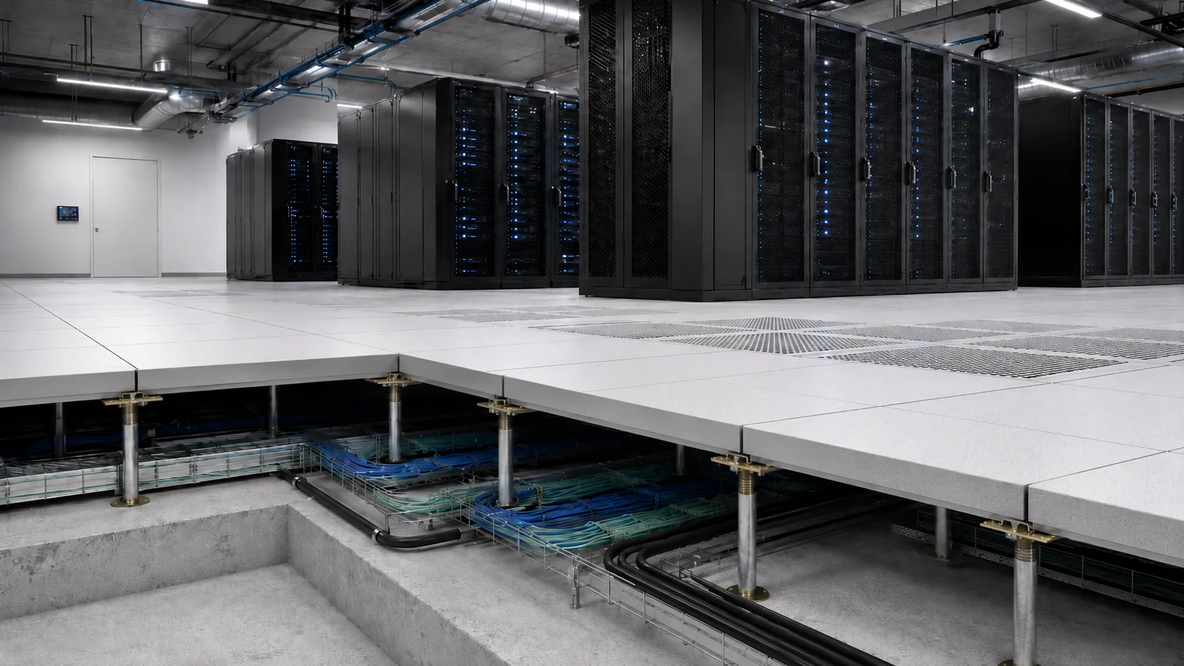 Technische doorsnede van een systeemvloer in een datacenter met zichtbare kabelruimte en stalen draagconstructie