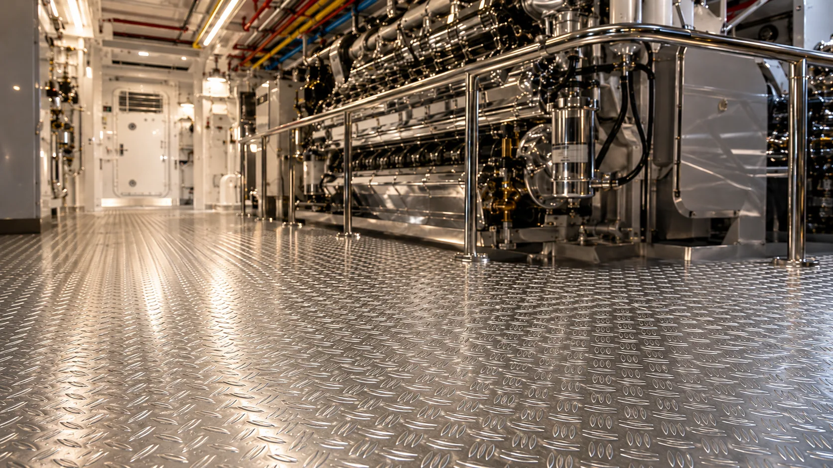 Aluminium traanplaatsvloer in scheepsmachinekamer, bestand tegen trillingen en olieblootstelling