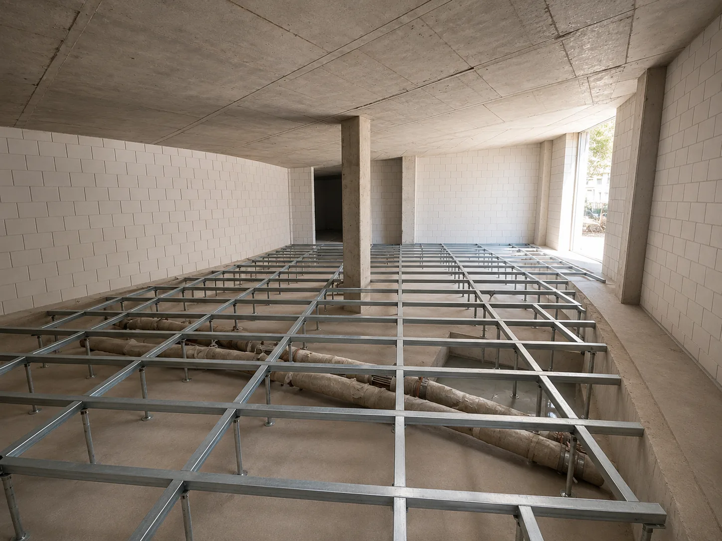 Systeemvloer met stalen draagconstructie en hoogwaardige vloerpanelen in technische ruimte